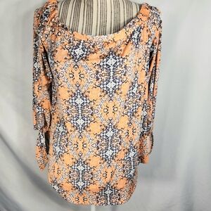 Veronica M. Orange Grey Abstract Print Off Shoulder 3/4 Sleeve Top Size Medium